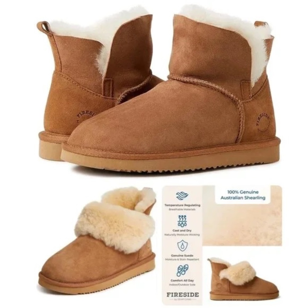 NWT Fireside by Dearfoams Perth Chestnut Suede Shearling Foldover Boots 11